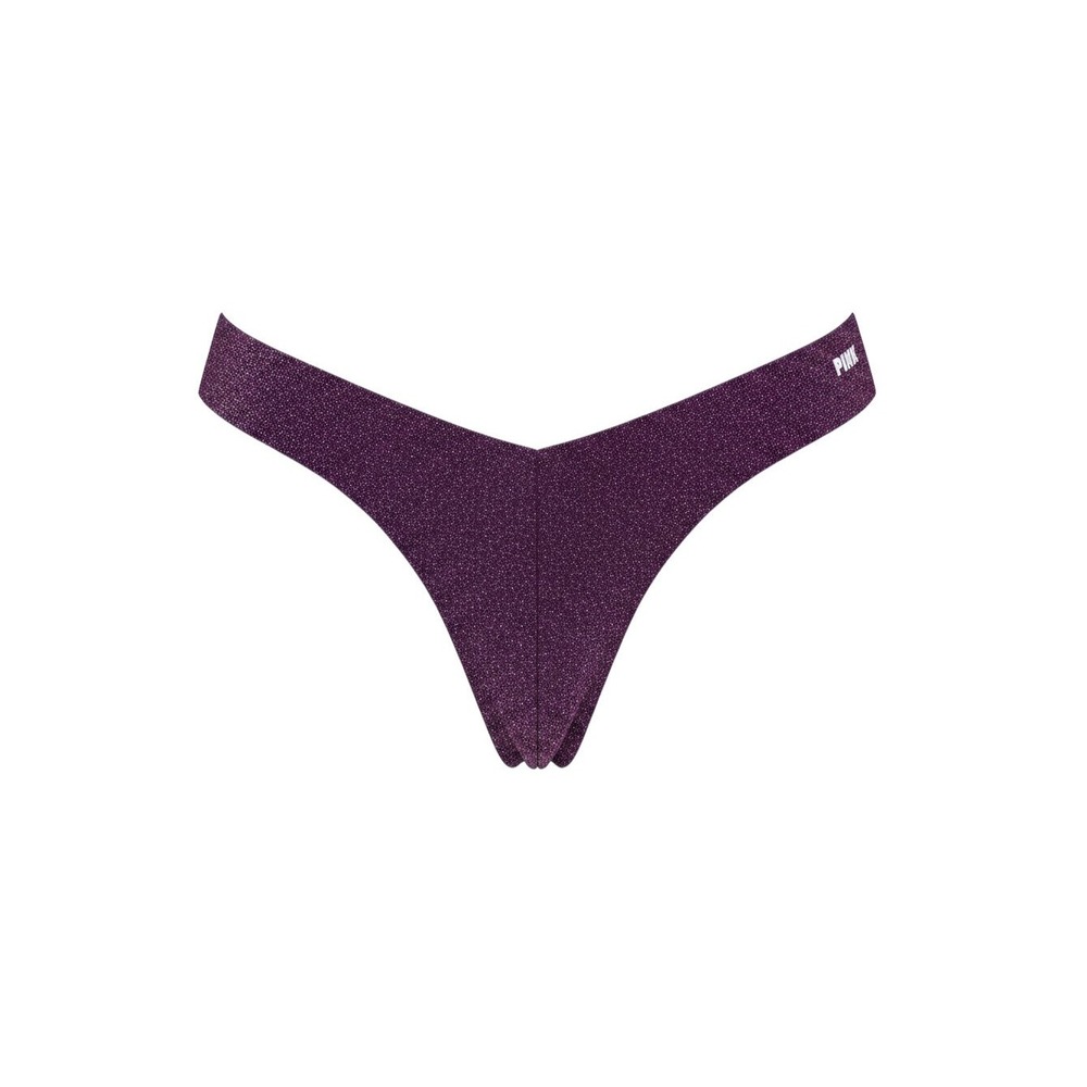PINK Thong Women M Purple New Metallic V-Front Logo Shimmer Panty